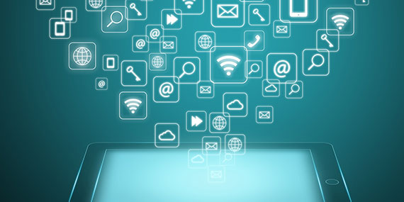 Anywhere Work requires adaptive business applications Touch screen tablet with cloud of application icons