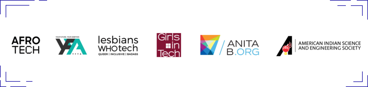 IDE Organizations Afro Tech logo, YFYA logo, Lesbians Who Tech logo, Girls in Tech logo, AnitaB.org logo, American Indian Science and Engineering Society logo