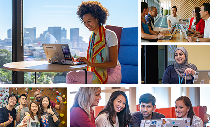 IDEHero Smiling AWS employees talking together, in meetings, participating in an offsite activity, and looking at their laptops.