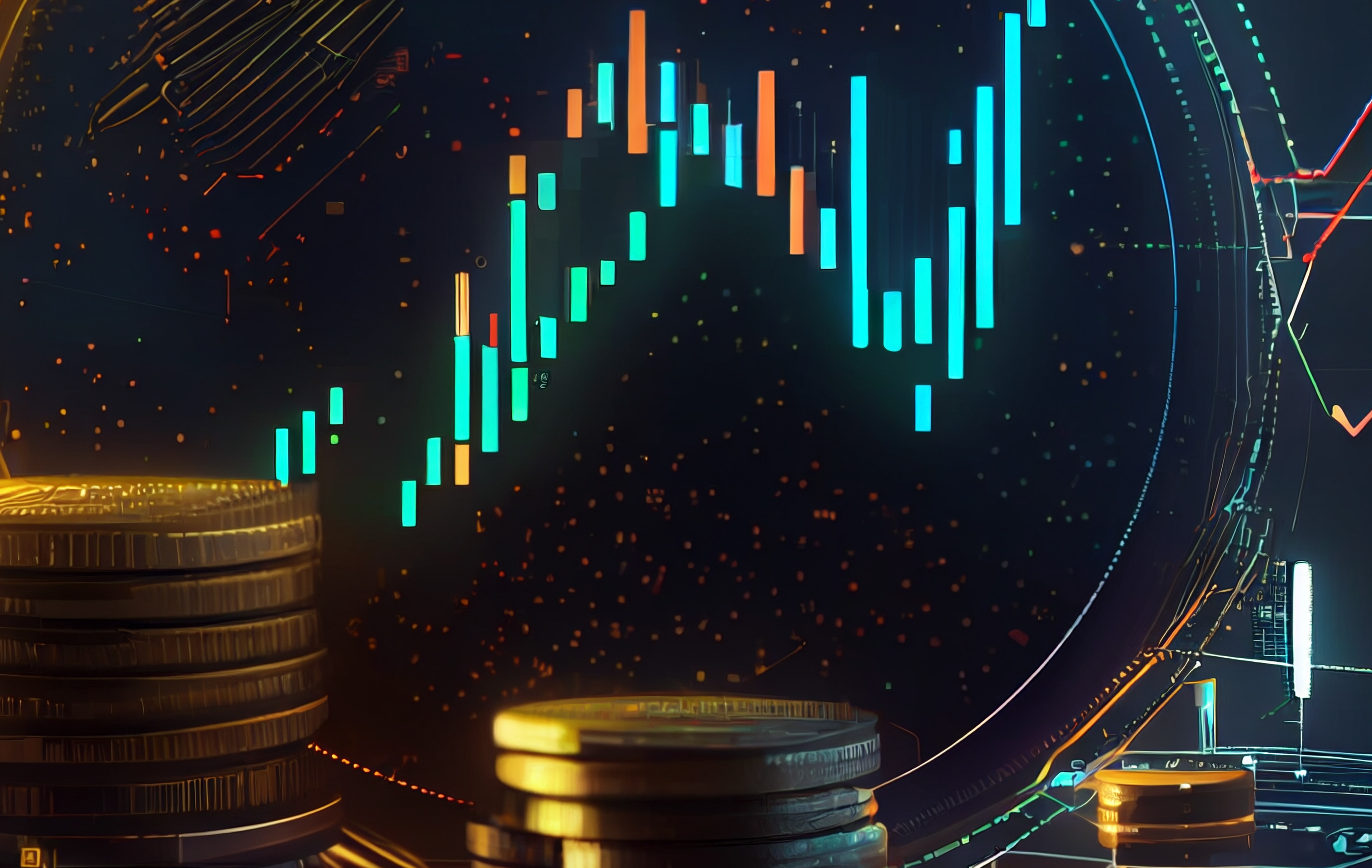 Coins with Candle stick graph chart and digital background. trading view. New Virtual money concept - generative ai