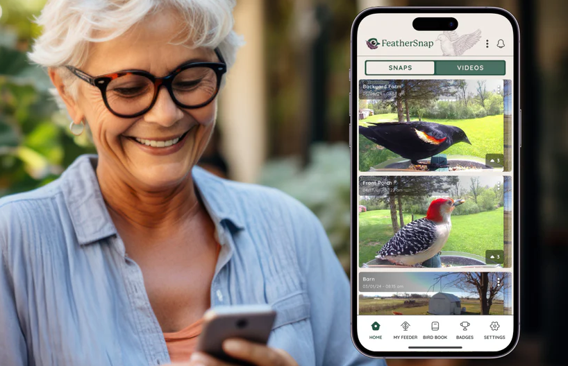 Woman looking at photos and videos on phone from birdfeeder camera