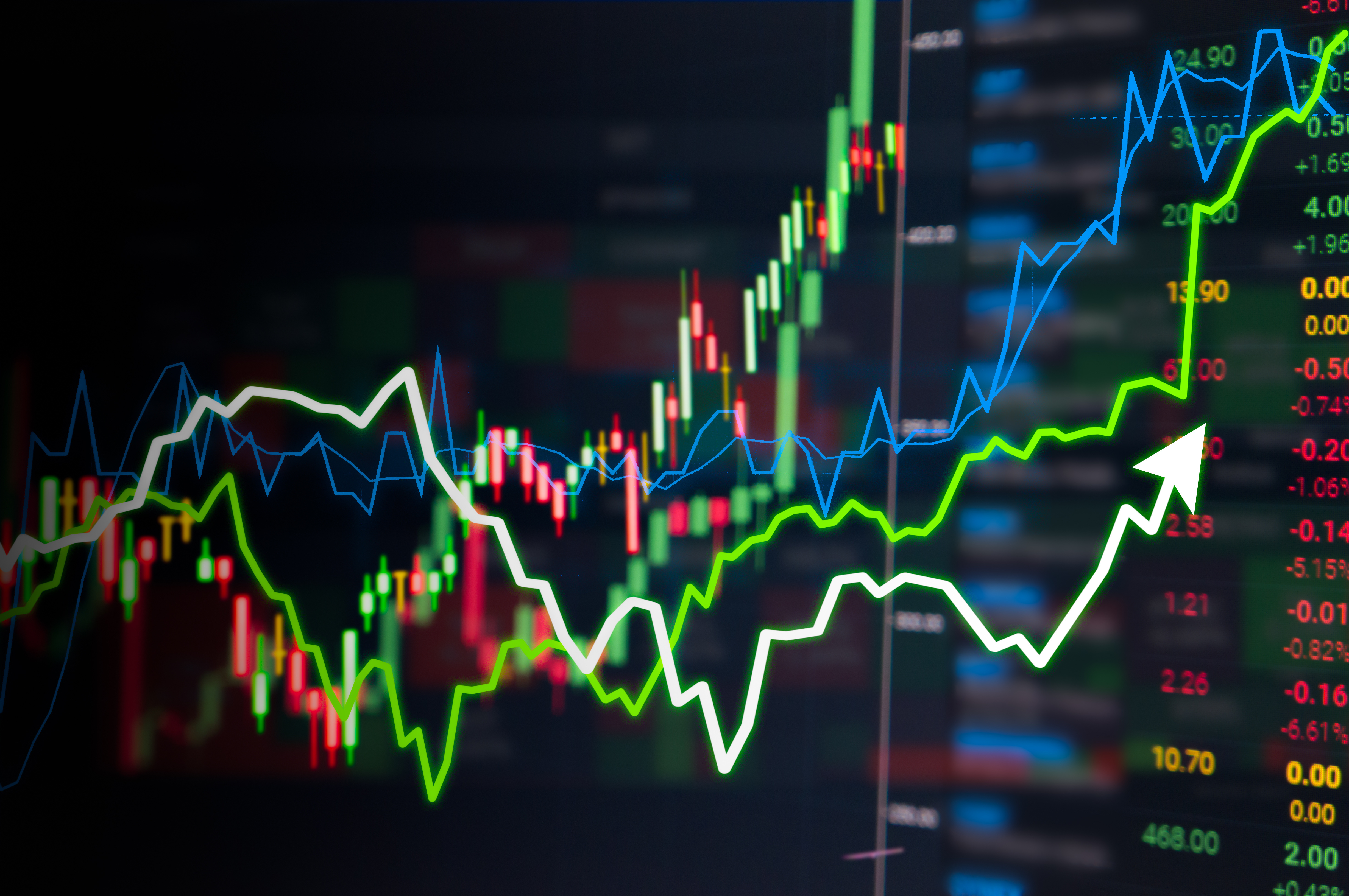 Stock market digital graph chart on LED display concept. A large display of daily stock market price and quotation. Indicator financial forex trade education background.