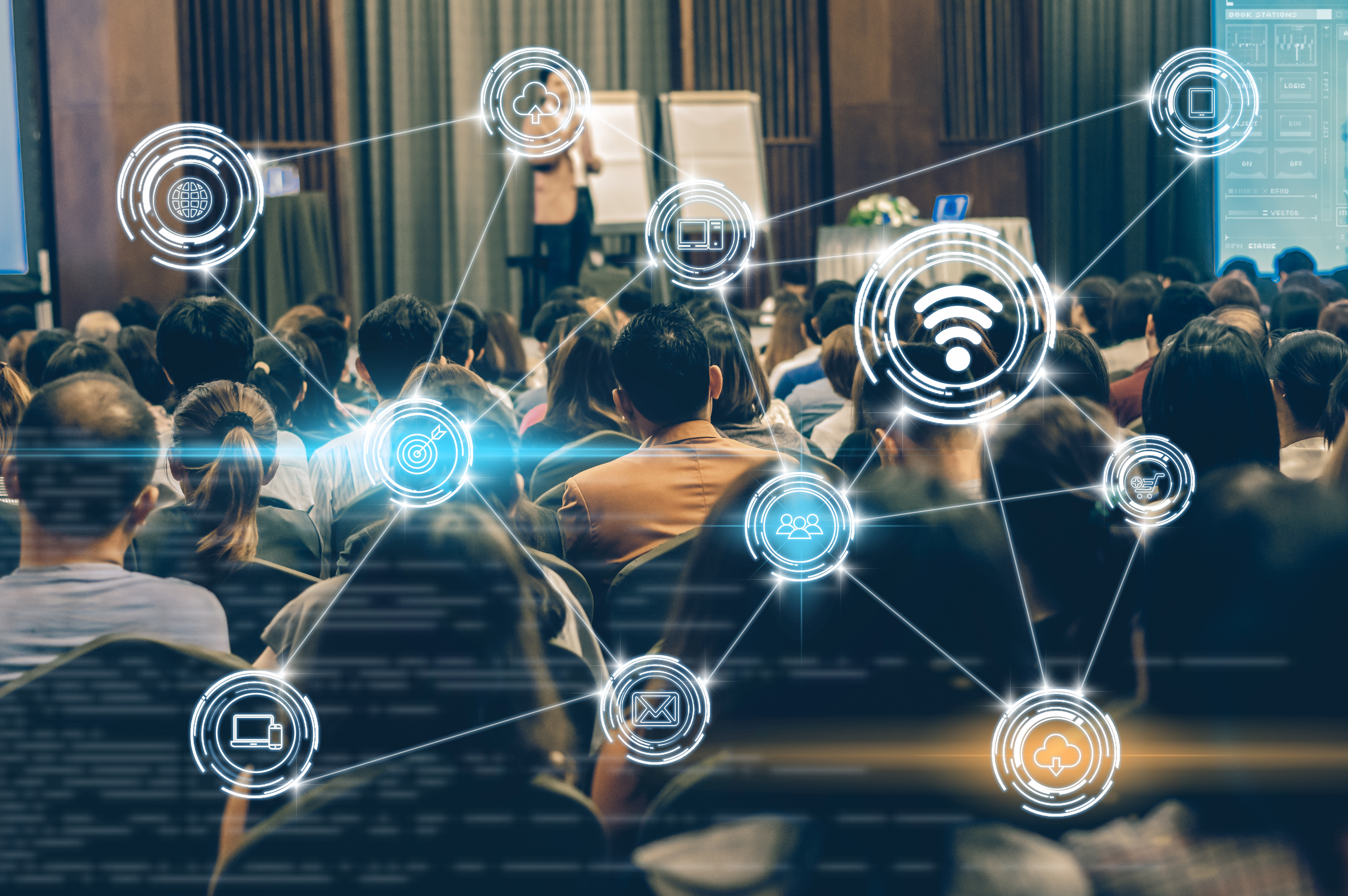 Wireless communication connecting of smart city Internet of Things Technology over Abstract blurred photo of conference hall or seminar room with attendee background, technology with education concept