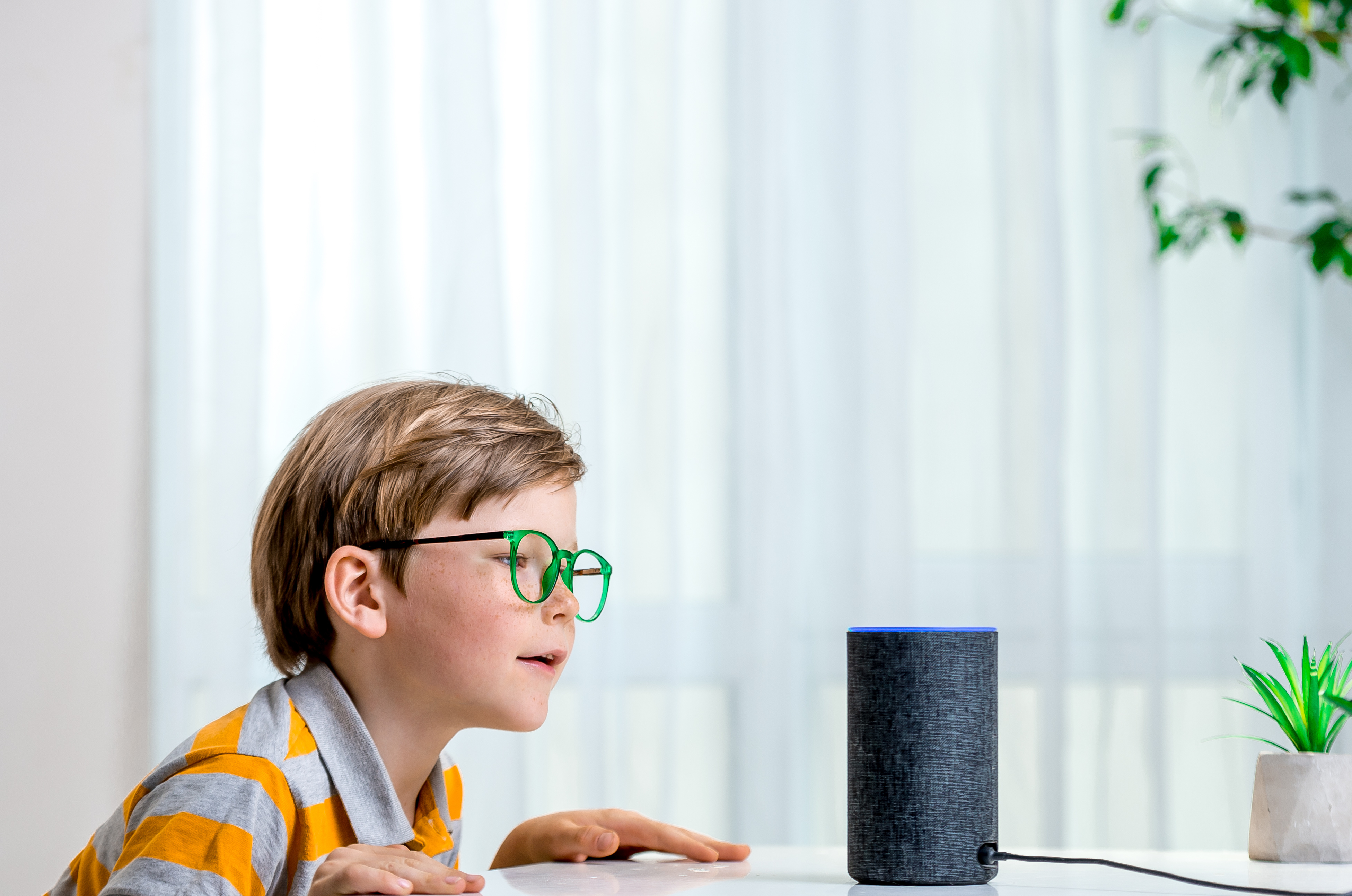 Voice controlled smart speaker. Little kid girl talking to talking to Amazon Alexa Echo Dot. Education programme for child. Boy talking to Alexa and give it orders and commands what to switch on.