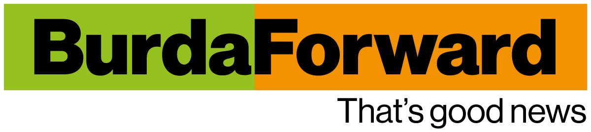 BurdaForward logo with Burda in a green box, Forward in an orange box, with the tagline &quot;That's good news&quot; underneath