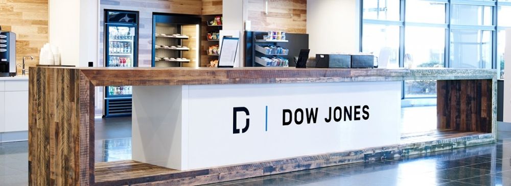 Coffee bar with the Dow Jones logo in their office