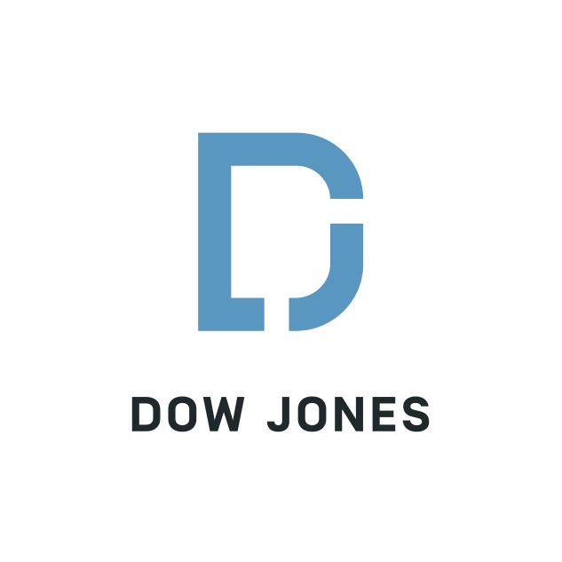 Dow Jones 標誌 - 一個大寫藍色字母 D，曲線造型中可見字母 J，下方為黑色 Dow Jones 字樣