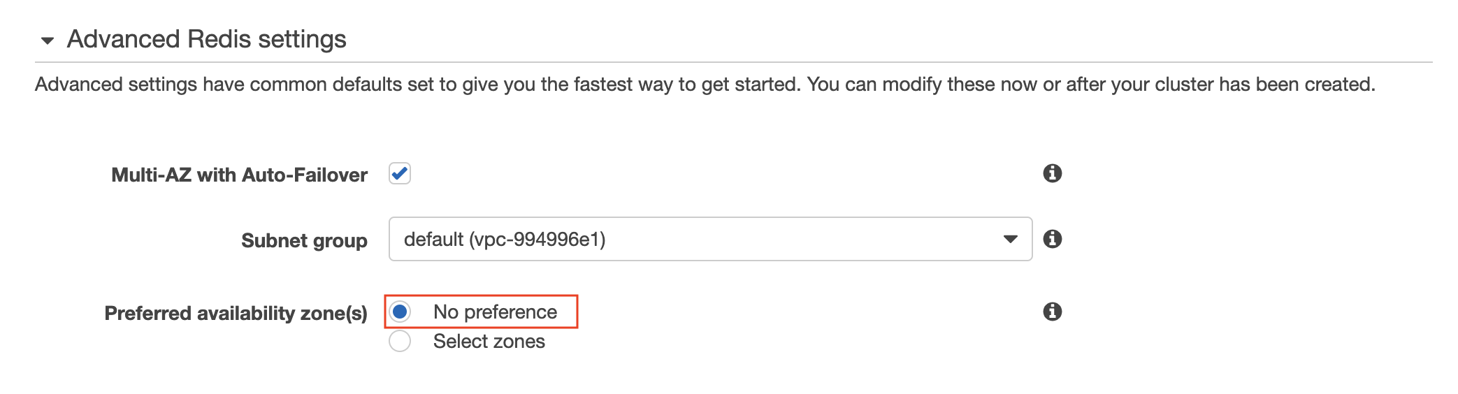 For preferred availability zone(s), select &quot;No preference&quot;