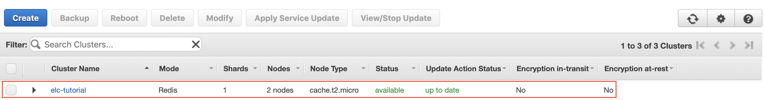 When the ElastiCache for Redis cluster is ready for use it will appear as shown with a status of available and 2 nodes