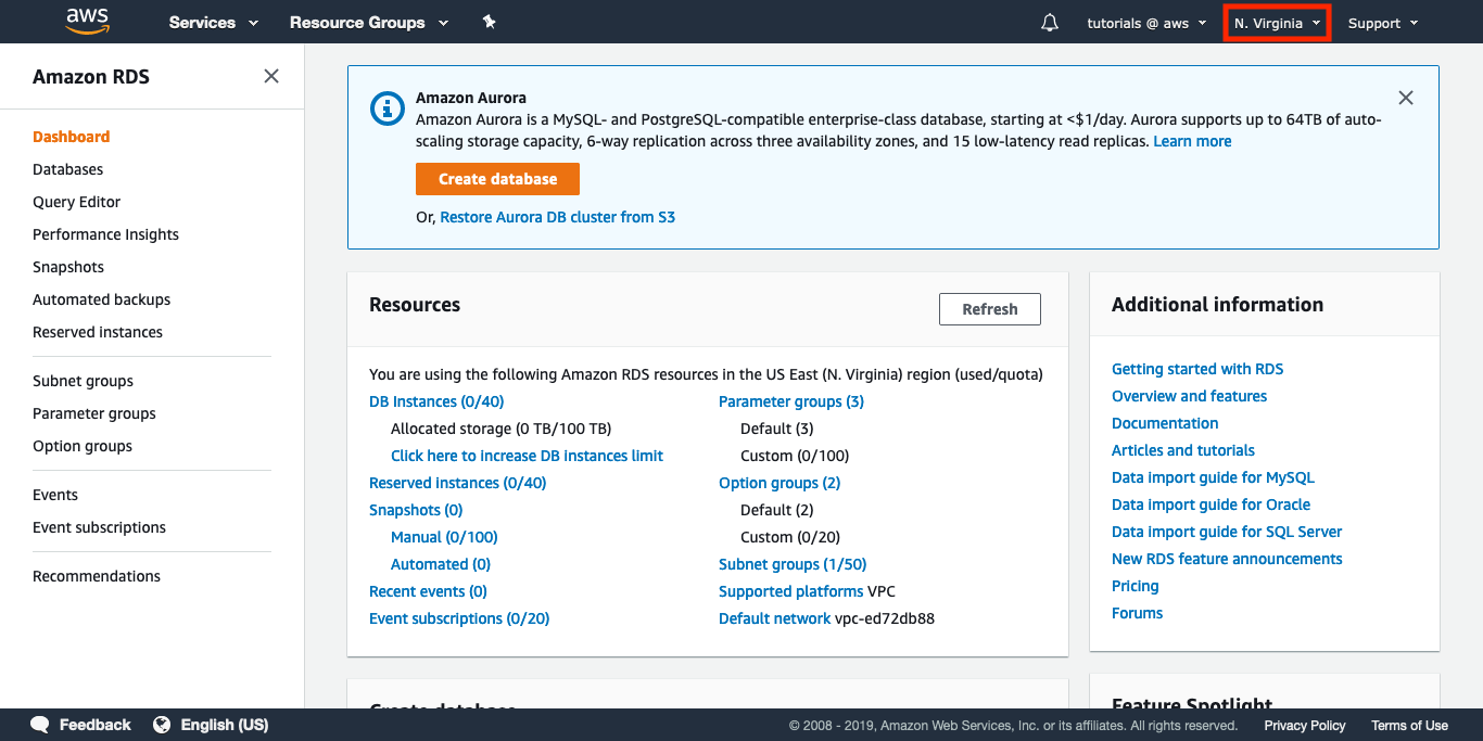 Select the region where you want to launch the Aurora DB Cluster