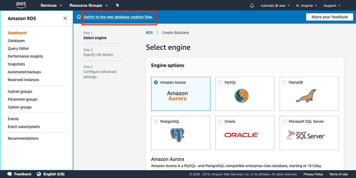 Switch to the new database creation flow (if the option appears)