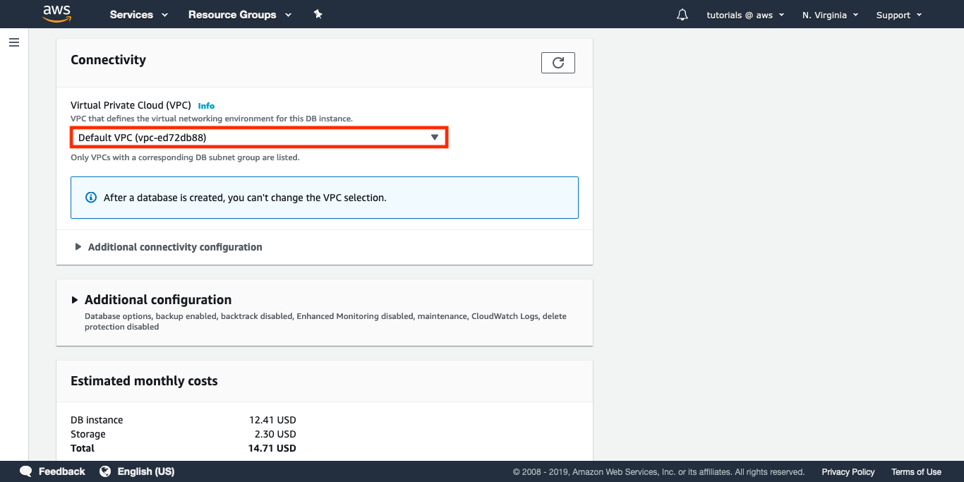 Select the VPC where you want to create the database