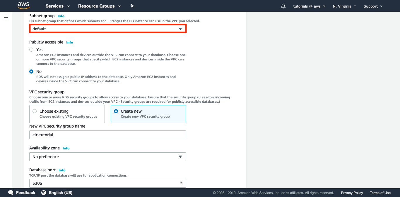 Select the default value for Subnet group