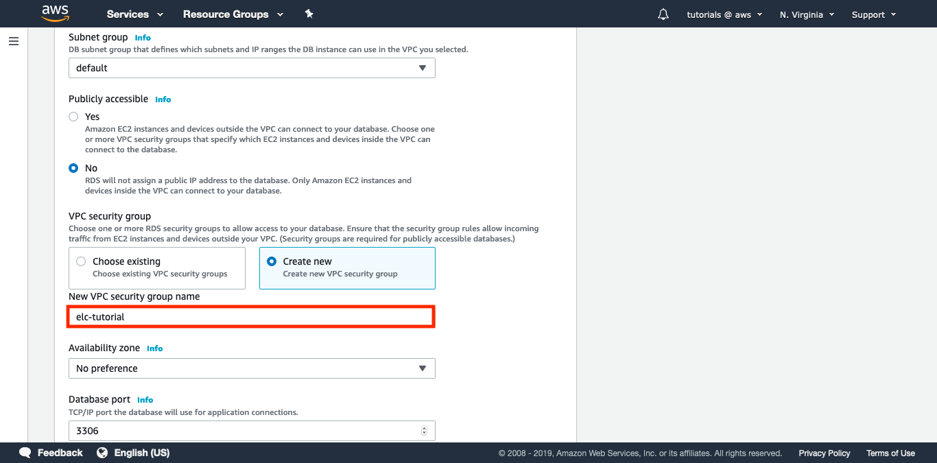In new VPC security group name, type &quot;elc-tutorial&quot;