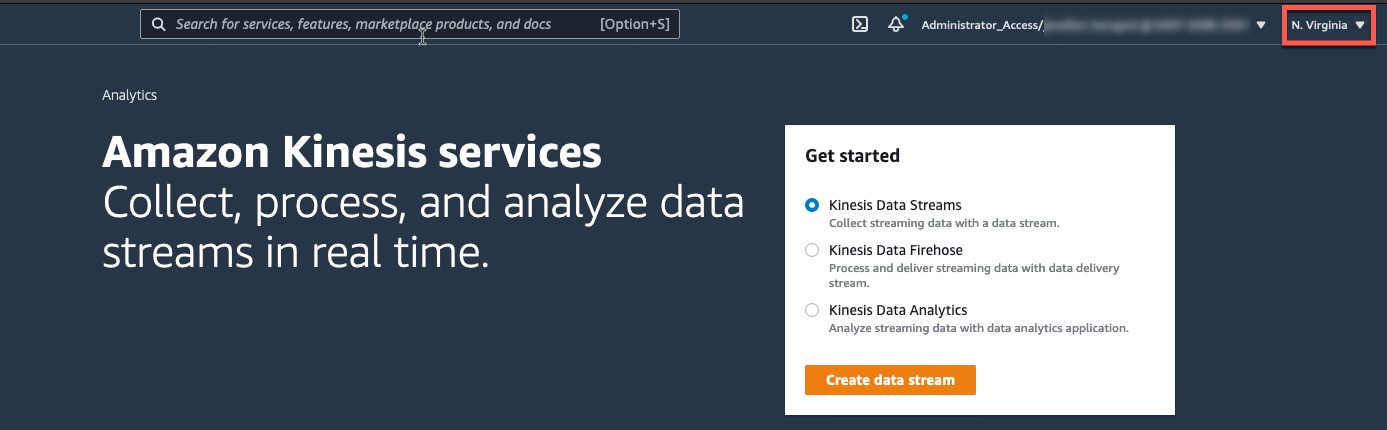 Amazon Kinesis Services console