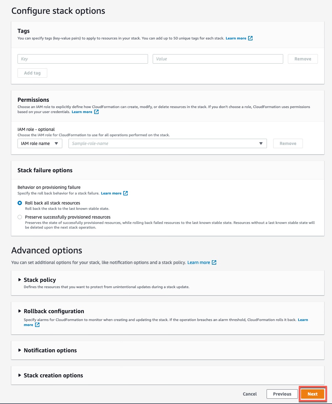 configure stack options