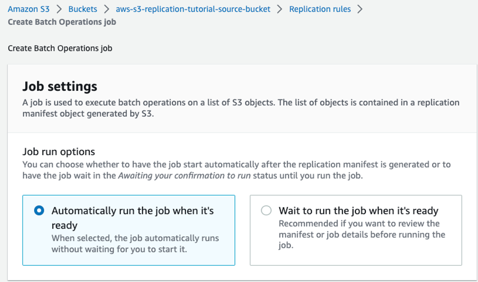 Screenshot showing selecting the Automatically run the job when it's ready option.