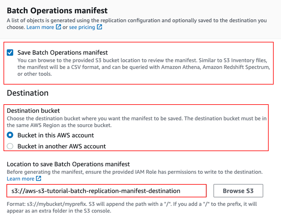 Screenshot mit den Optionen f&uuml;r das Batch-Operations-Manifest.