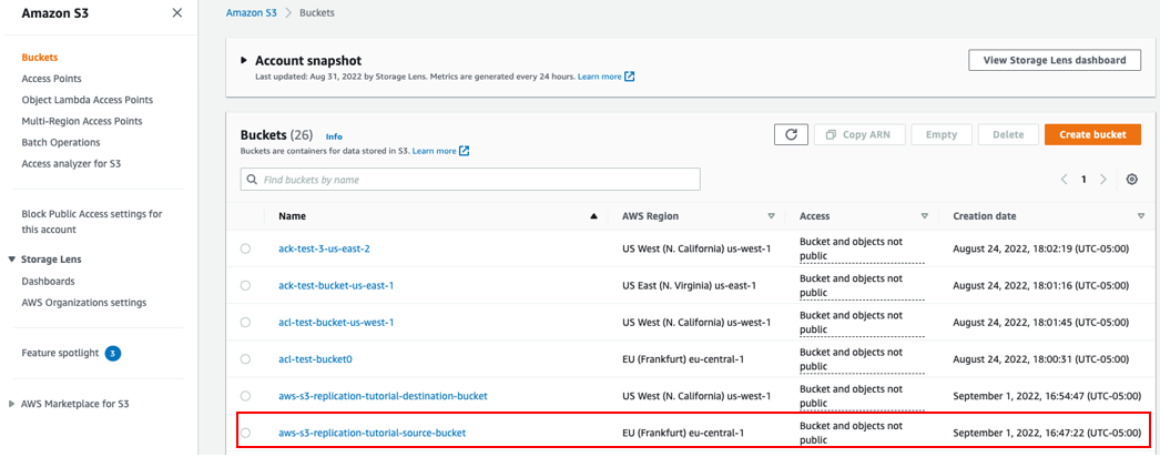 Screenshot showing choosing the source bucket