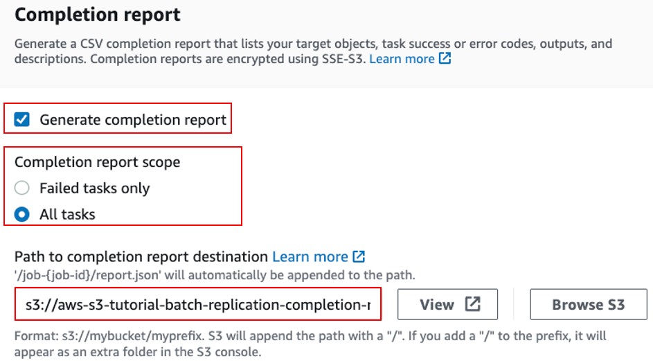 Screenshot showing the completion report options.