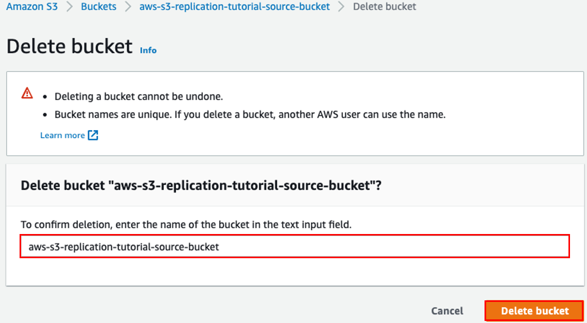 Screenshot showing how to delete a bucket.