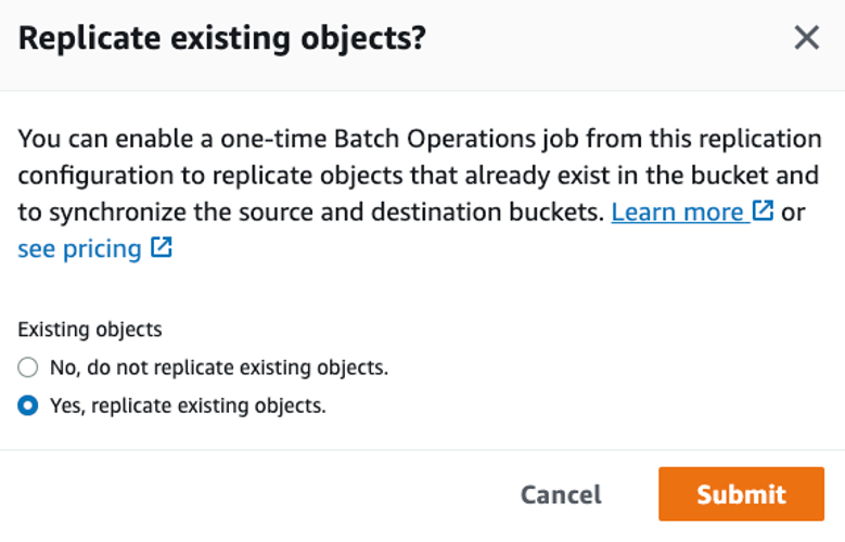 Captura de pantalla que muestra c&oacute;mo seleccionar el bot&oacute;n de opci&oacute;n &ldquo;Yes, replicate existing objects&rdquo; (Si, replicar objetos existentes).