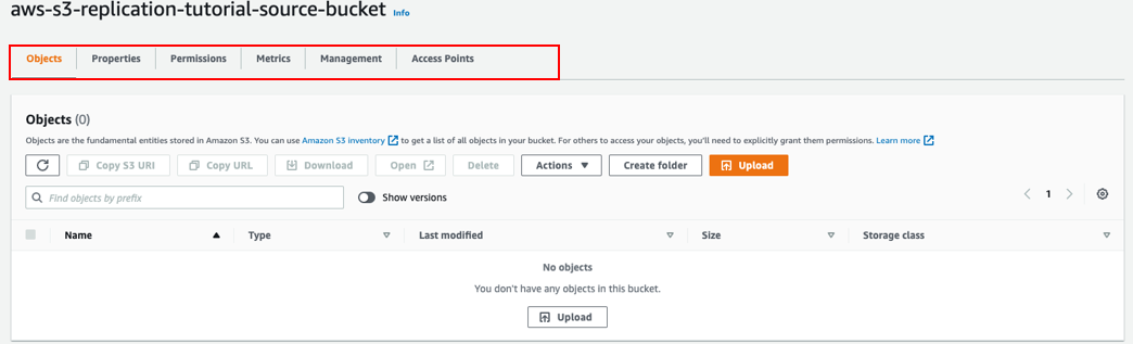 Captura de pantalla que muestra las opciones del bucket, como &ldquo;Objects&rdquo; (Objetos) y &ldquo;Properties&rdquo; (Propiedades).