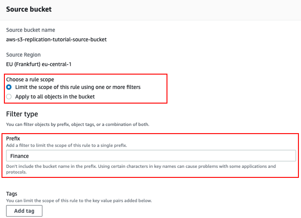 Captura de pantalla que muestra las opciones de alcance y filtro del bucket de origen.