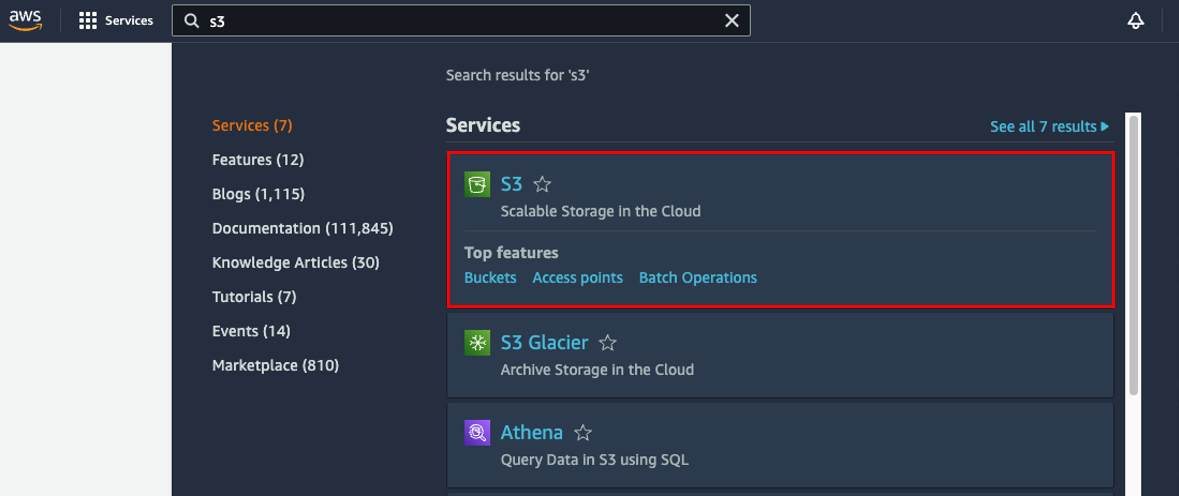 Suchen Sie in der AWS-Konsole nach S3 und w&auml;hlen Sie es aus den Suchergebnissen aus.