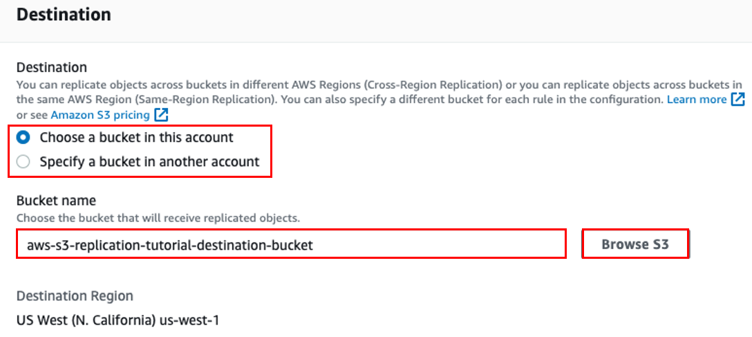 Screenshot showing selecting the destination bucket.