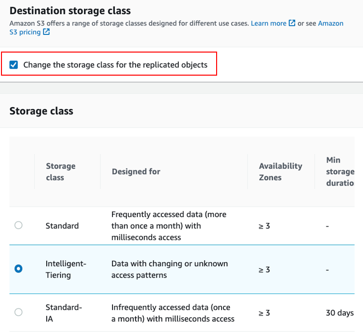 Screenshot showing storage class options.