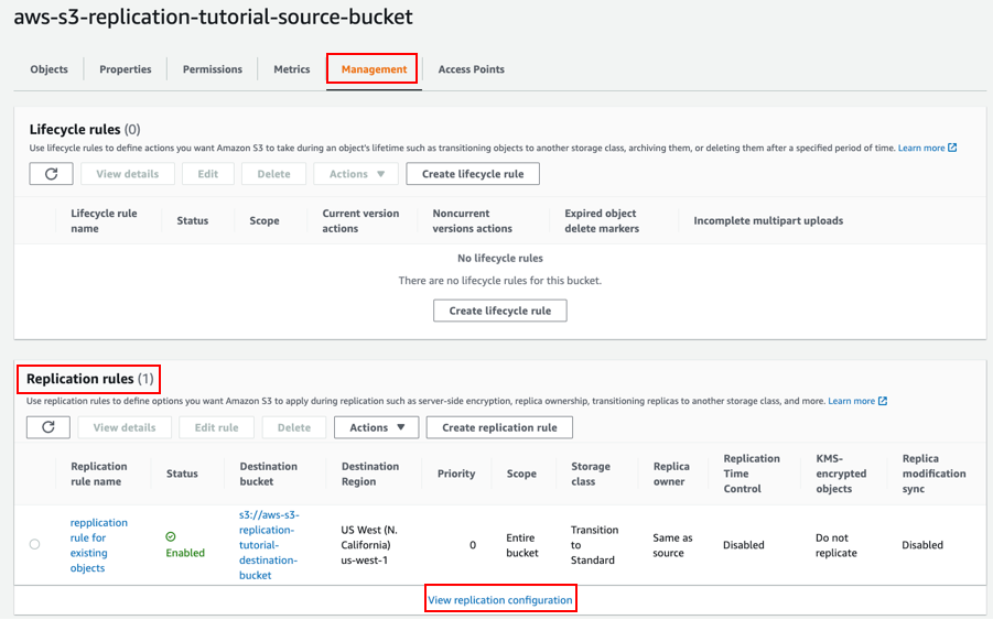 Screenshot showing selecting View replication configuration.