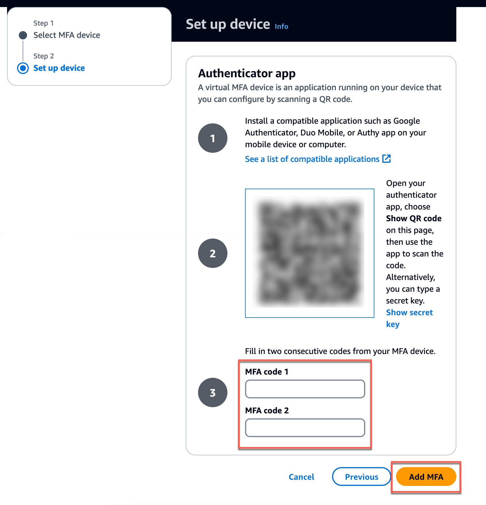 Dialog box for choosing MFA device for root user.