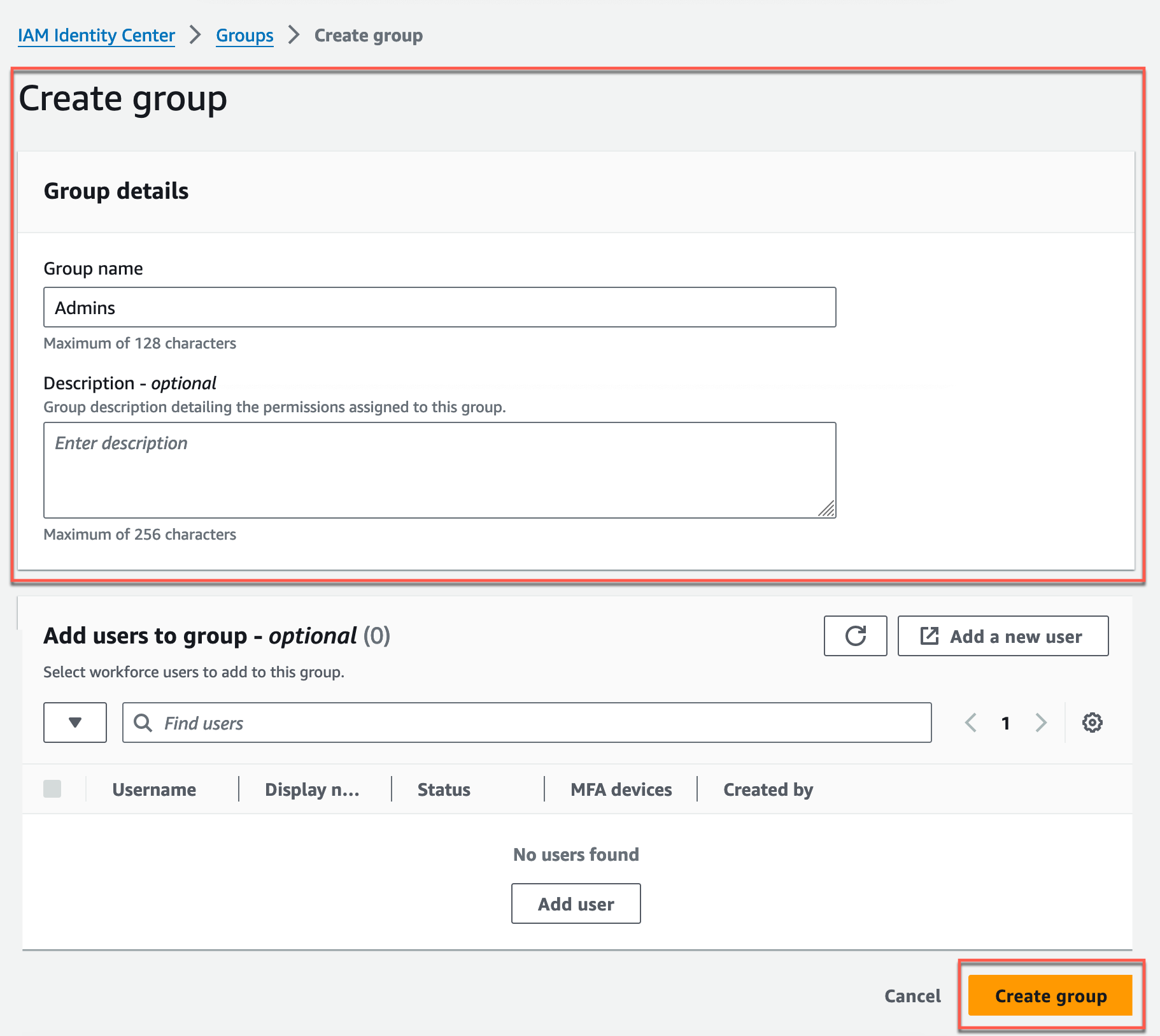 Create user group page within the IAM console.