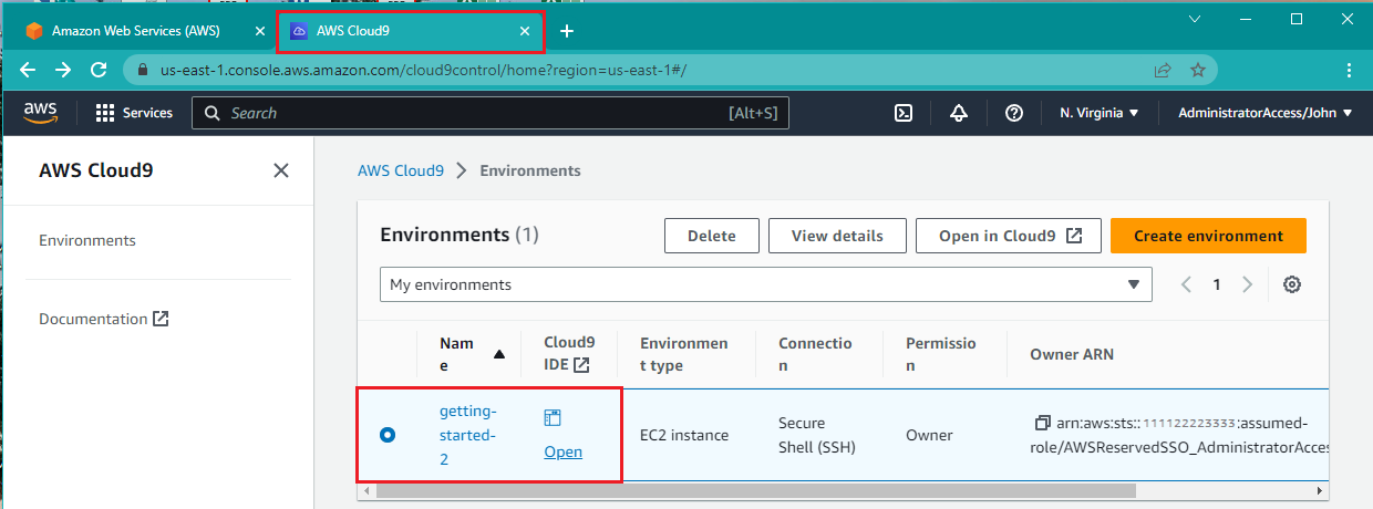 Ringkasan informasi tentang lingkungan AWS Cloud9, termasuk Tipe, Izin, Deskripsi, dan ARN Pemilik.