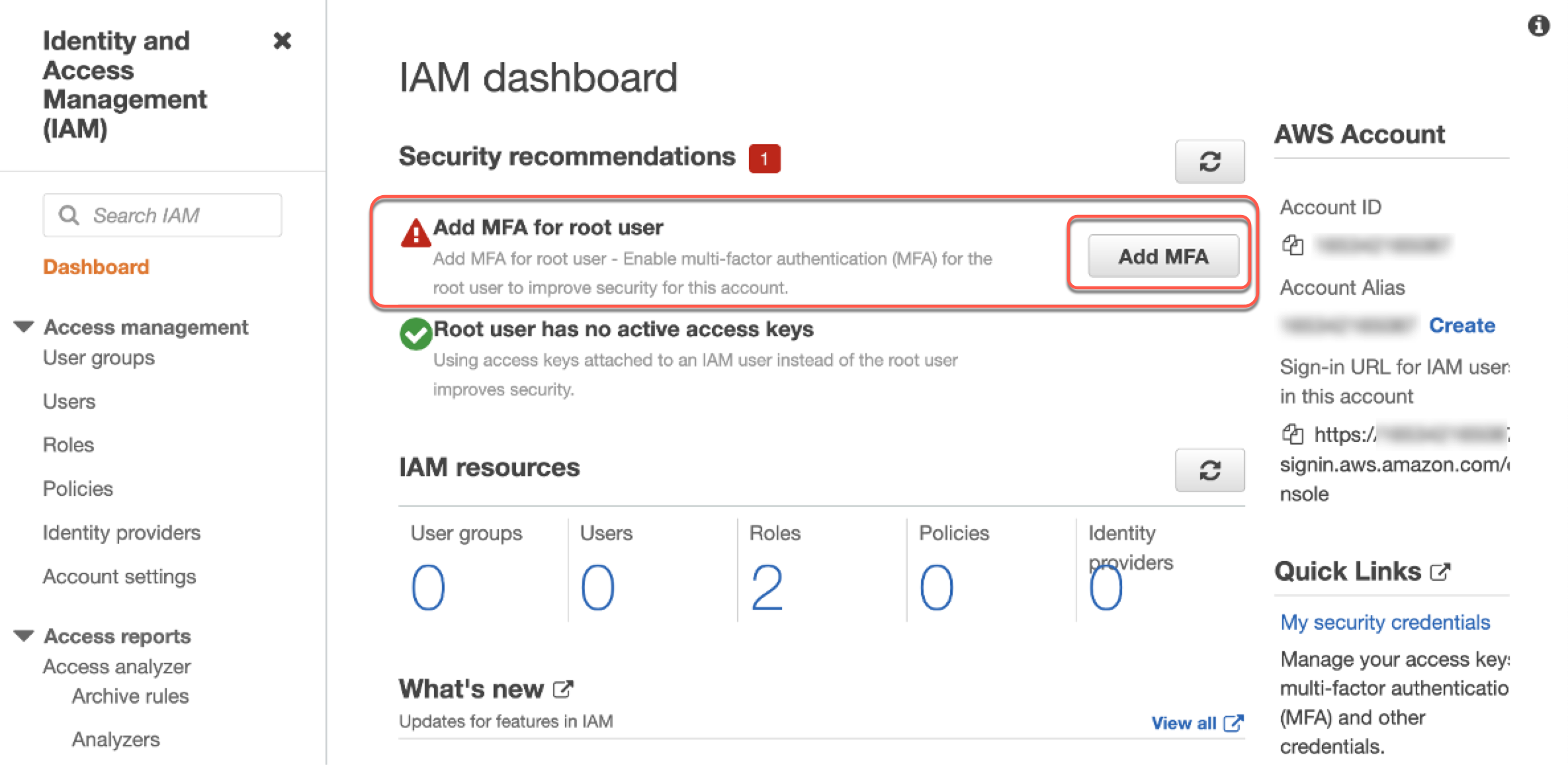 Tableau de bord IAM dans la console de gestion AWS, avec option d'ajout de la MFA pour l'utilisateur root.