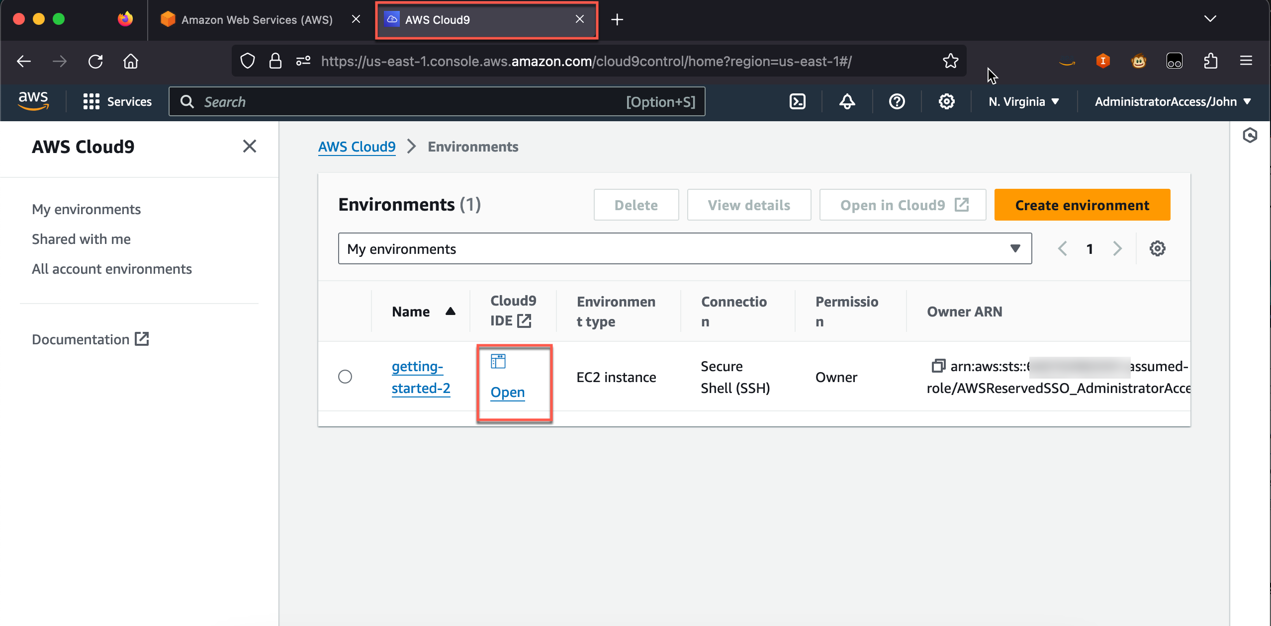 Summary information about the AWS Cloud9 environment, including Type, Permissions, Description, and Owner ARN.