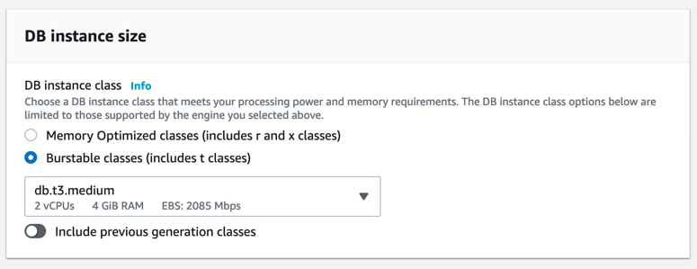 Specify password and instance size