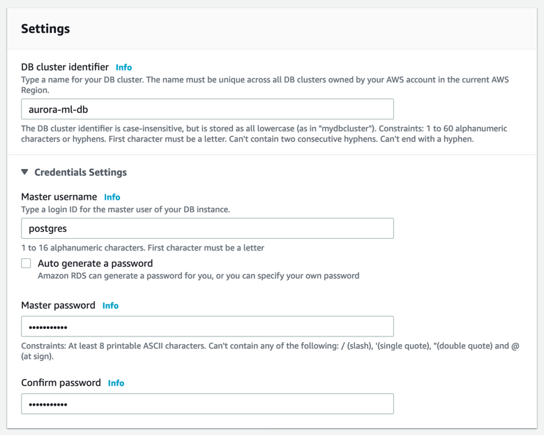 Specify password and instance size