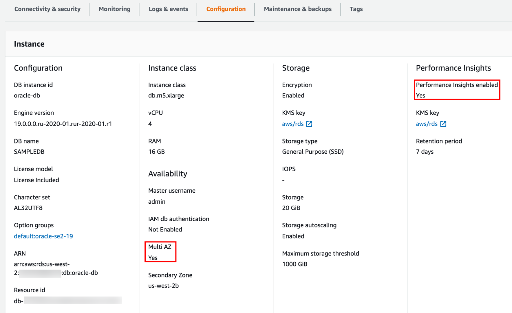 Multi-AZ and Performance Insights features enabled