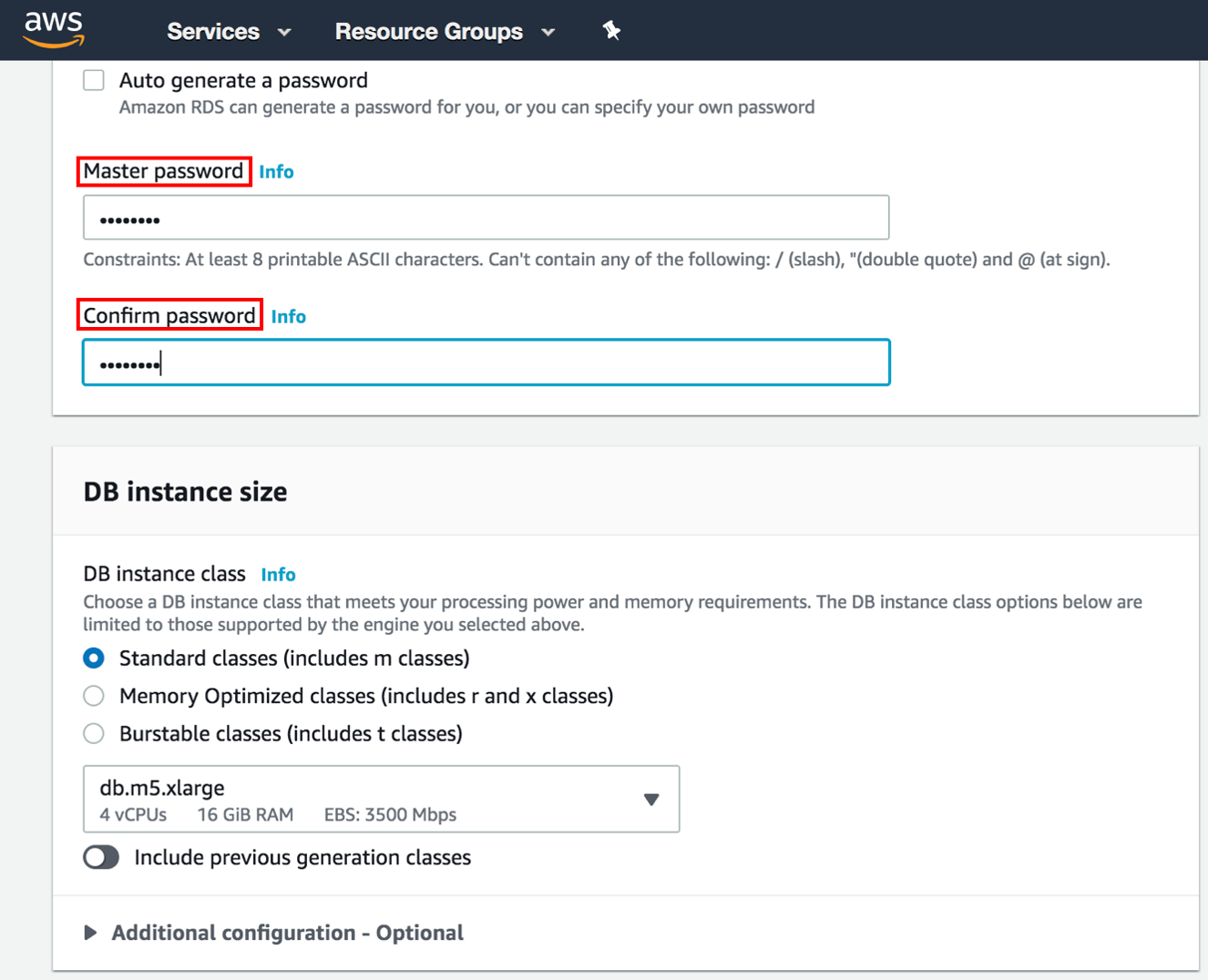 Specify password and instance size