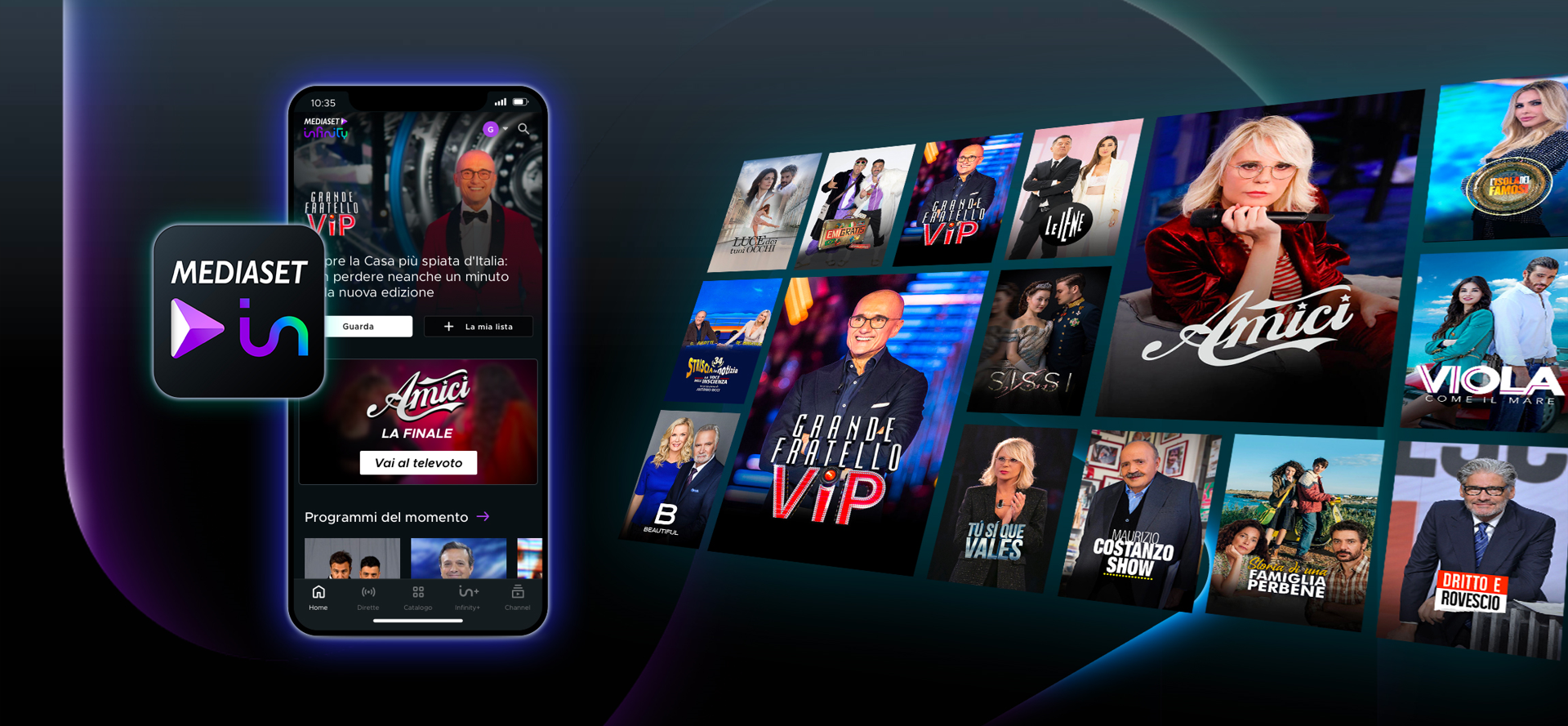 Interfaccia Mediaset su dispositivo mobile e TV