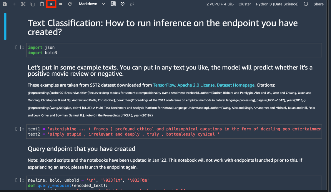 Etapa 3: utilize o bloco de anota&ccedil;&otilde;es de demonstra&ccedil;&atilde;o fornecido para consultar o novo endpoint do JumpStart