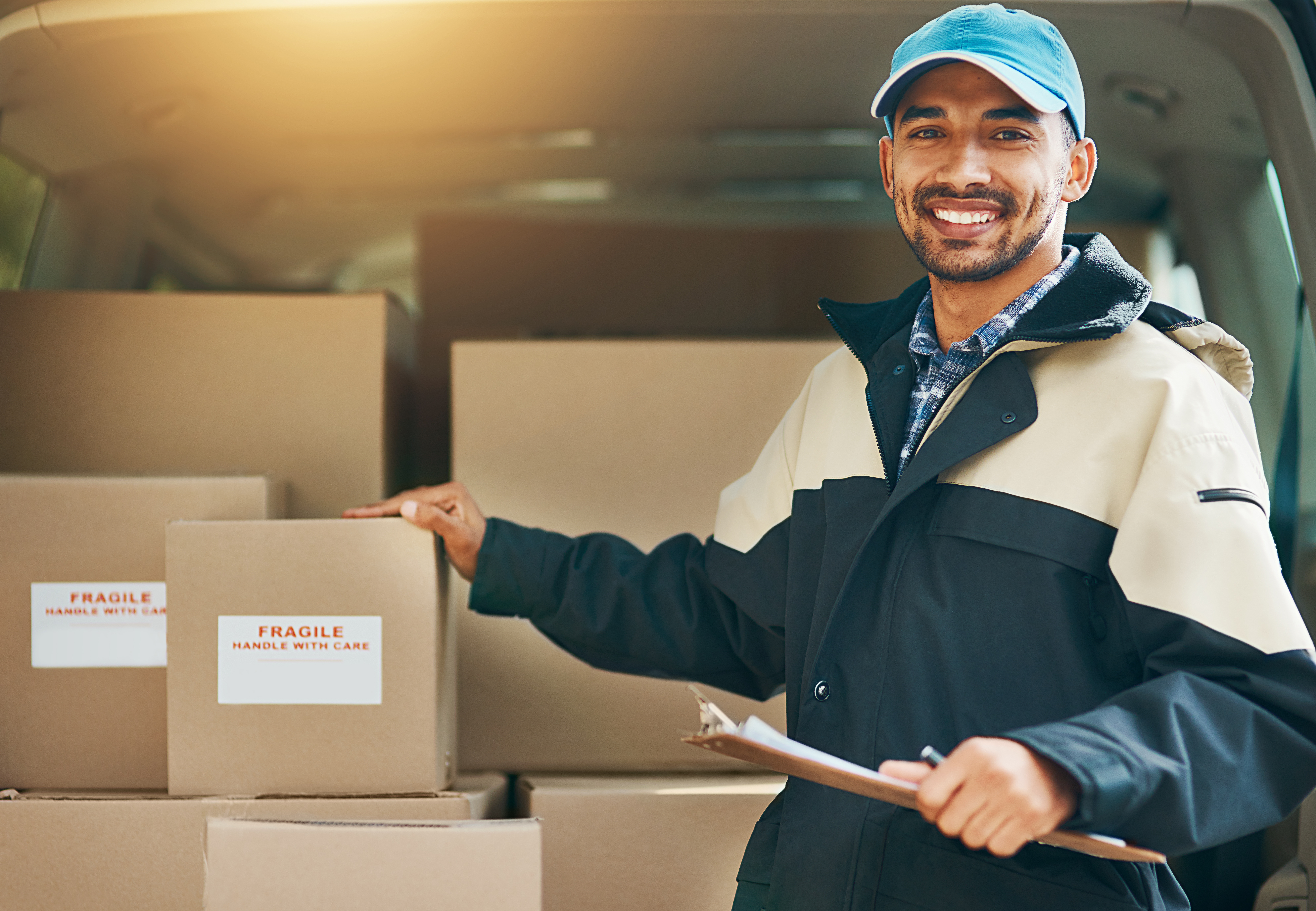 Box, delivery and shipping with portrait of man for courier, logistics and supplier. Ecommerce, export and distribution service with male postman and checklist for mail, package and cargo shipment