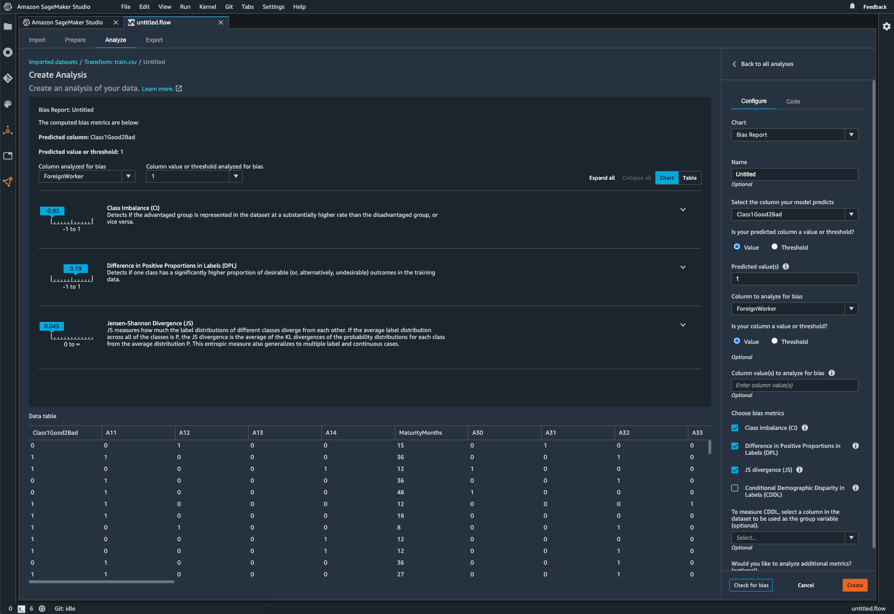 Captura de tela das métricas de vieses durante a preparação de dados no SageMaker Data Wrangler