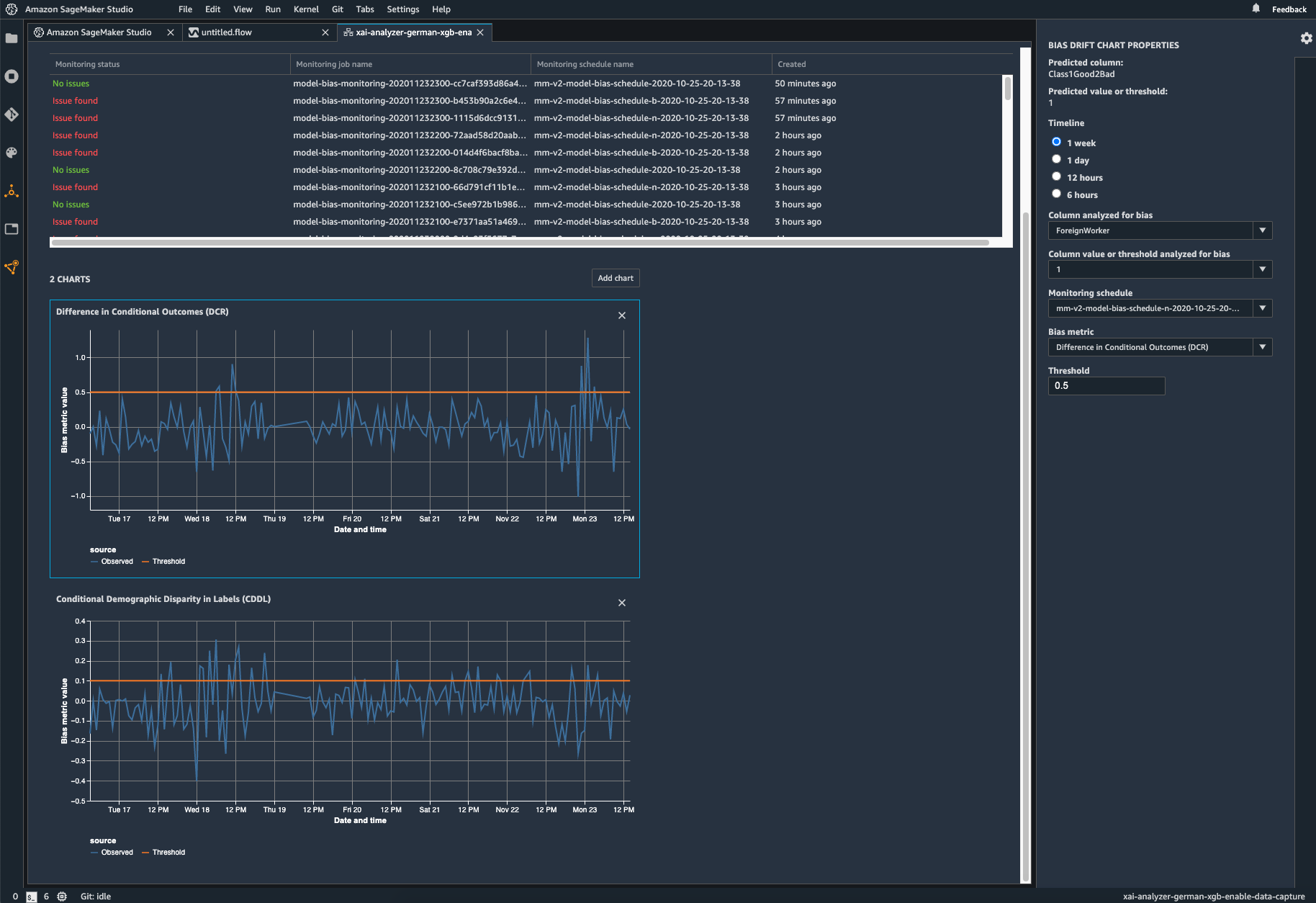 Captura de tela do monitoramento de viés no SageMaker Model Monitor