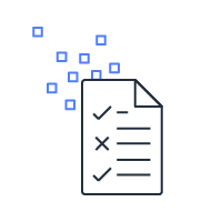 Line drawing of a paper with checkmarks, x's, and lines used as text.  Nine blue squares floating off the top left. 