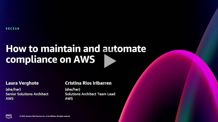 Slide with the title &quot;How to maintain and automate compliance on AWS,&quot; presented by Laura Verghote and Cristina Rios Iribarren from AWS. A vibrant, curved gradient design is at the bottom.