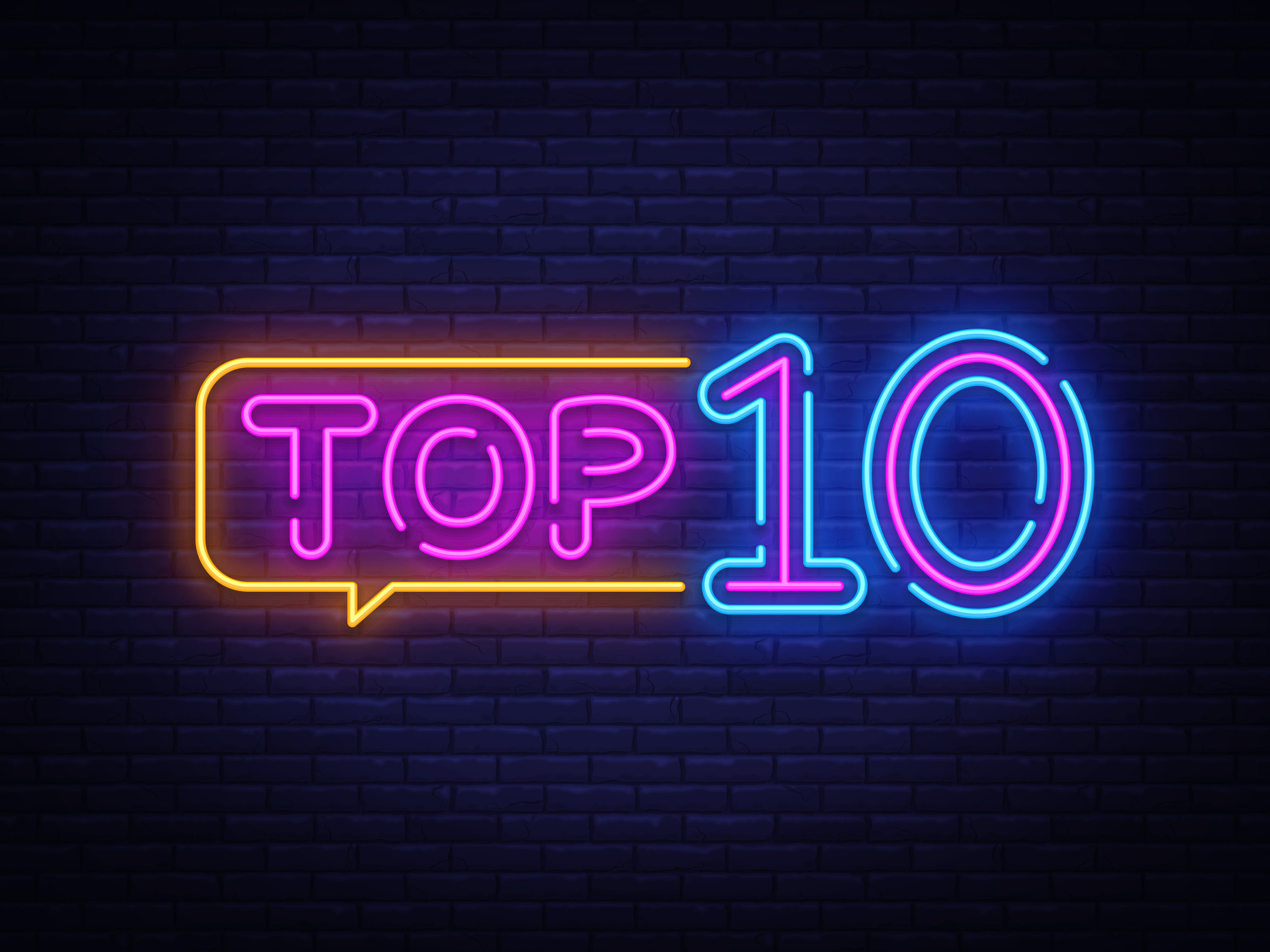 Top 10 Neon Text Vector. Top Ten neon sign, design template, modern trend design, night neon signboard, night bright advertising, light banner, light art. Vector illustration