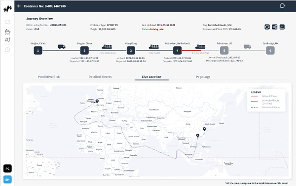 Live location tracking interface of a container